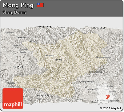 Shaded Relief Panoramic Map of Mong Ping, semi-desaturated