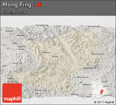 Shaded Relief Panoramic Map of Mong Ping, semi-desaturated