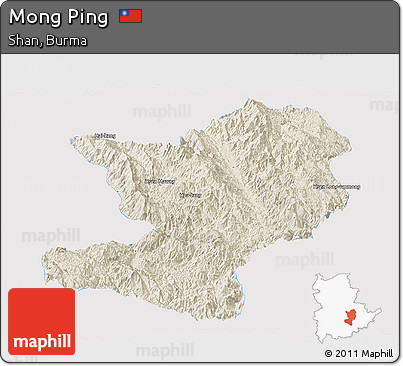 Shaded Relief Panoramic Map of Mong Ping, single color outside