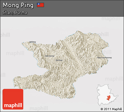 Shaded Relief Panoramic Map of Mong Ping, single color outside