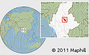 Savanna Style Location Map of Nawnghkio, highlighted country, hill shading