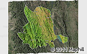 Satellite 3D Map of Pinlaung, darken, semi-desaturated