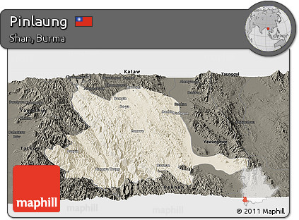 Shaded Relief Panoramic Map of Pinlaung, darken