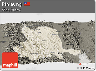 Shaded Relief Panoramic Map of Pinlaung, darken
