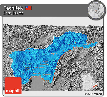 Political 3D Map of Tachilek, desaturated
