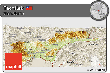 Physical Panoramic Map of Tachilek, shaded relief outside