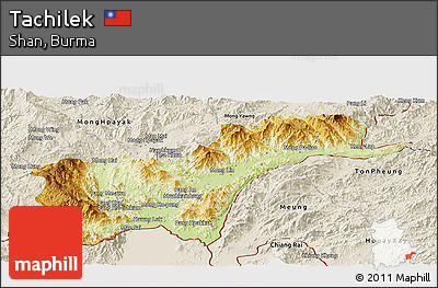 Physical Panoramic Map of Tachilek, shaded relief outside