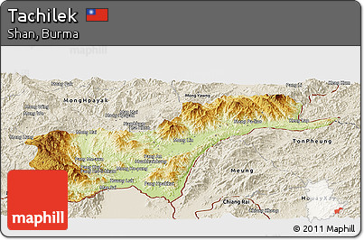 Physical Panoramic Map of Tachilek, shaded relief outside