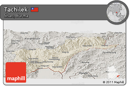 Shaded Relief Panoramic Map of Tachilek, semi-desaturated