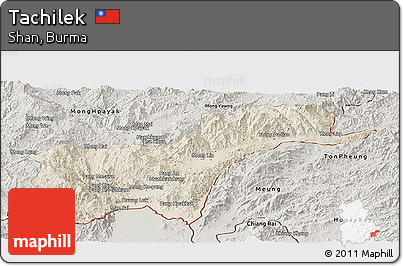 Shaded Relief Panoramic Map of Tachilek, semi-desaturated