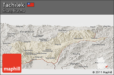 Shaded Relief Panoramic Map of Tachilek, semi-desaturated