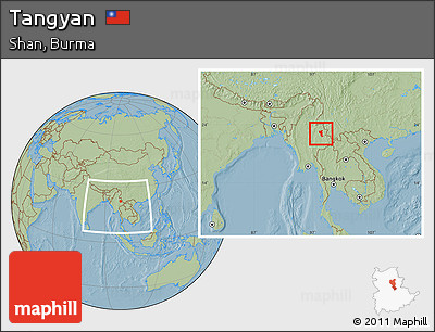 Savanna Style Location Map of Tangyan, within the entire country, hill shading