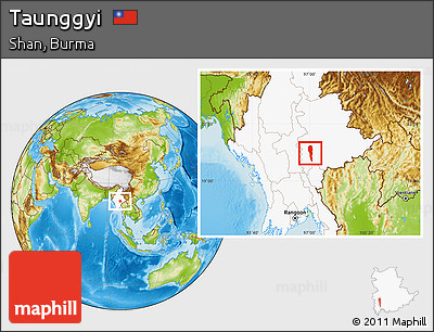 Physical Location Map of Taunggyi, highlighted country