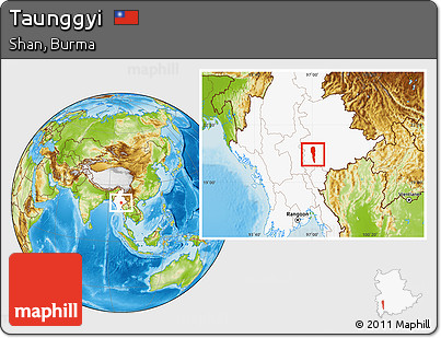 Physical Location Map of Taunggyi, highlighted country
