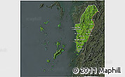 Satellite 3D Map of Kawthaung, darken, semi-desaturated