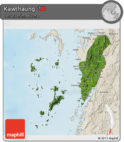 Satellite 3D Map of Kawthaung, shaded relief outside