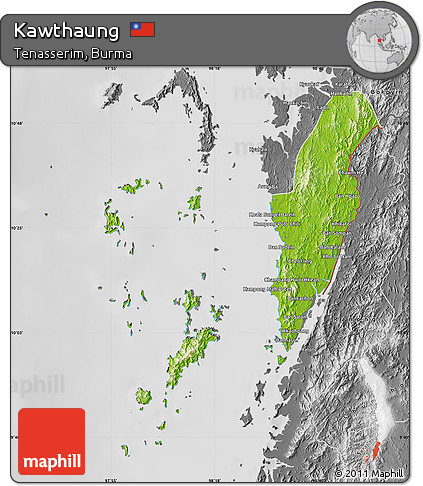 Physical Map of Kawthaung, desaturated