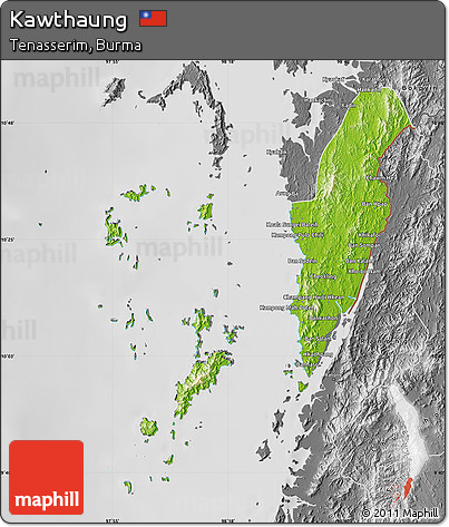 Physical Map of Kawthaung, desaturated
