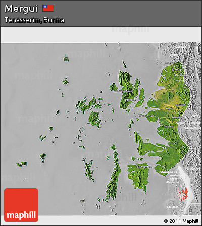 Satellite 3D Map of Mergui, lighten, desaturated