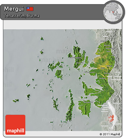 Satellite 3D Map of Mergui, lighten, semi-desaturated
