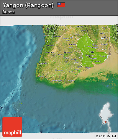 Physical 3D Map of Yangon (Rangoon), satellite outside