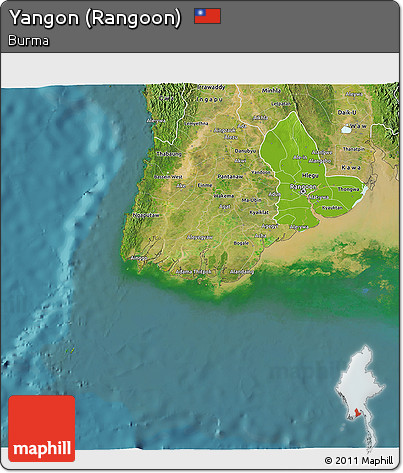 Physical 3D Map of Yangon (Rangoon), satellite outside