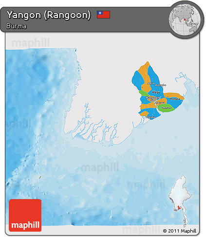 Political 3D Map of Yangon (Rangoon), single color outside