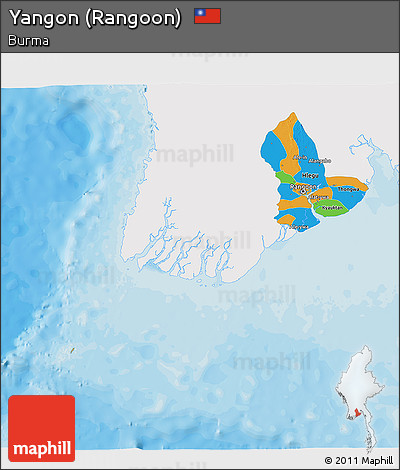 Political 3D Map of Yangon (Rangoon), single color outside