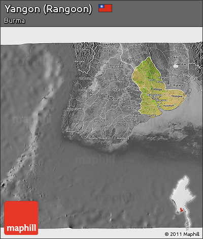 Satellite 3D Map of Yangon (Rangoon), desaturated