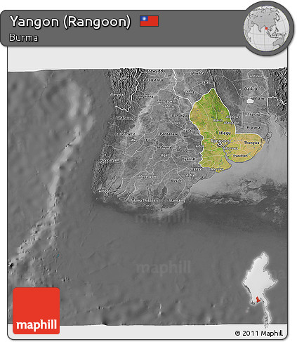 Satellite 3D Map of Yangon (Rangoon), desaturated