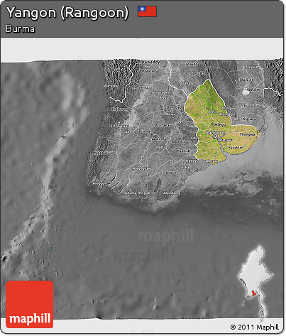 Satellite 3D Map of Yangon (Rangoon), desaturated