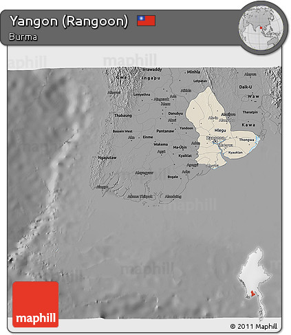 Shaded Relief 3D Map of Yangon (Rangoon), darken, desaturated