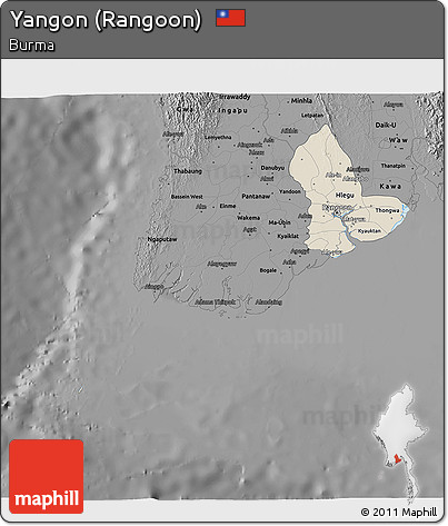 Shaded Relief 3D Map of Yangon (Rangoon), darken, desaturated