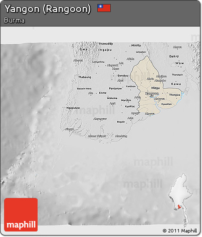 Shaded Relief 3D Map of Yangon (Rangoon), desaturated