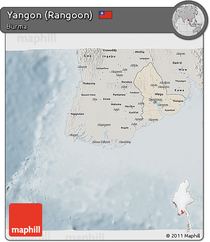 Shaded Relief 3D Map of Yangon (Rangoon), semi-desaturated