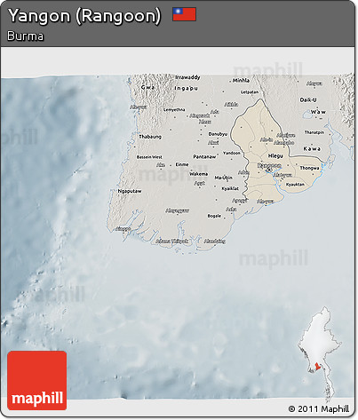 Shaded Relief 3D Map of Yangon (Rangoon), semi-desaturated
