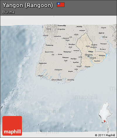 Shaded Relief 3D Map of Yangon (Rangoon), semi-desaturated