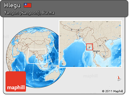 Shaded Relief Location Map of Hlegu, within the entire country
