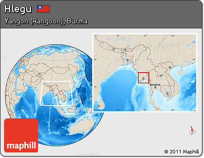 Shaded Relief Location Map of Hlegu, within the entire country
