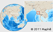 Shaded Relief Location Map of Hlegu, within the entire country