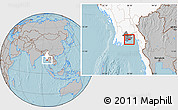 Gray Location Map of Kyauktan, highlighted country, highlighted parent region, hill shading