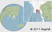 Savanna Style Location Map of Kyauktan, highlighted country, highlighted parent region, hill shading