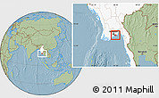 Savanna Style Location Map of Kyauktan, highlighted country, hill shading