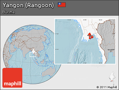 Gray Location Map of Yangon (Rangoon), highlighted country, hill shading