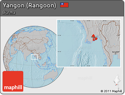 Gray Location Map of Yangon (Rangoon), hill shading