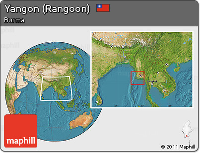Satellite Location Map of Yangon (Rangoon), within the entire country