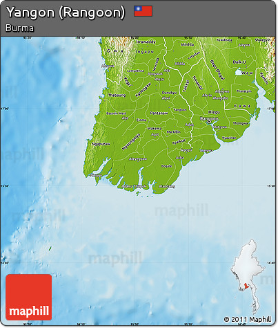 Physical Map of Yangon (Rangoon)