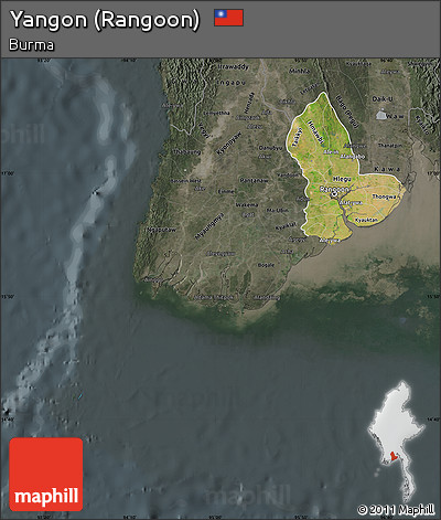 Satellite Map of Yangon (Rangoon), darken, semi-desaturated