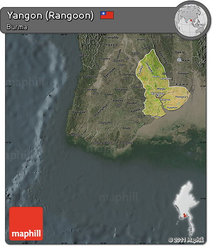 Satellite Map of Yangon (Rangoon), darken, semi-desaturated