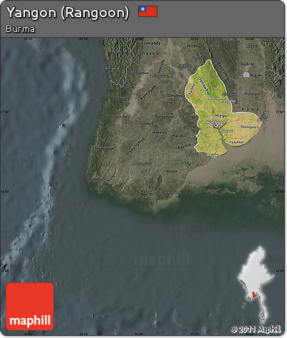 Satellite Map of Yangon (Rangoon), darken, semi-desaturated